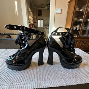 Ellie Women's Black Patent Platform Heels with Ankle Strap